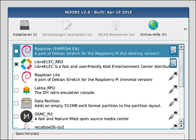 Bild 8 – LibreELEC/KODI: Stecken Sie die SD-Karte mit NOOBS in den Raspberry Pi ein und wählen nach demStarten von NOOBS im Menü LibreELEC aus.