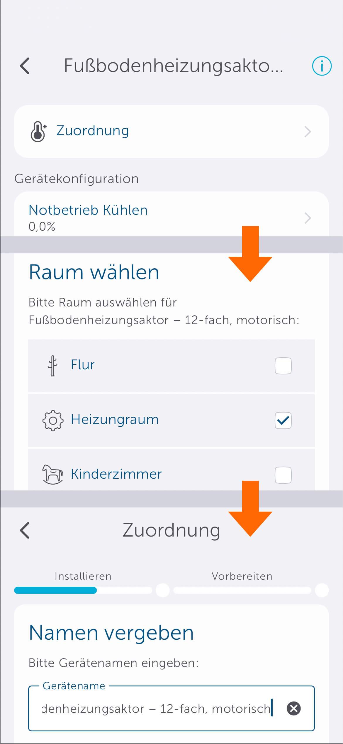 Bild 23: Unter "Zuordnung" können Sie die bereits vorgenommene Zuordnung des Fußbodenheizungscontrollers zu einem Raum, den Namen des Controllers und die Zuordnung der Heizkreise verändern. Die nun folgenden Konfigurationen gelten für alle Heizkreisläufe gleichzeitig.