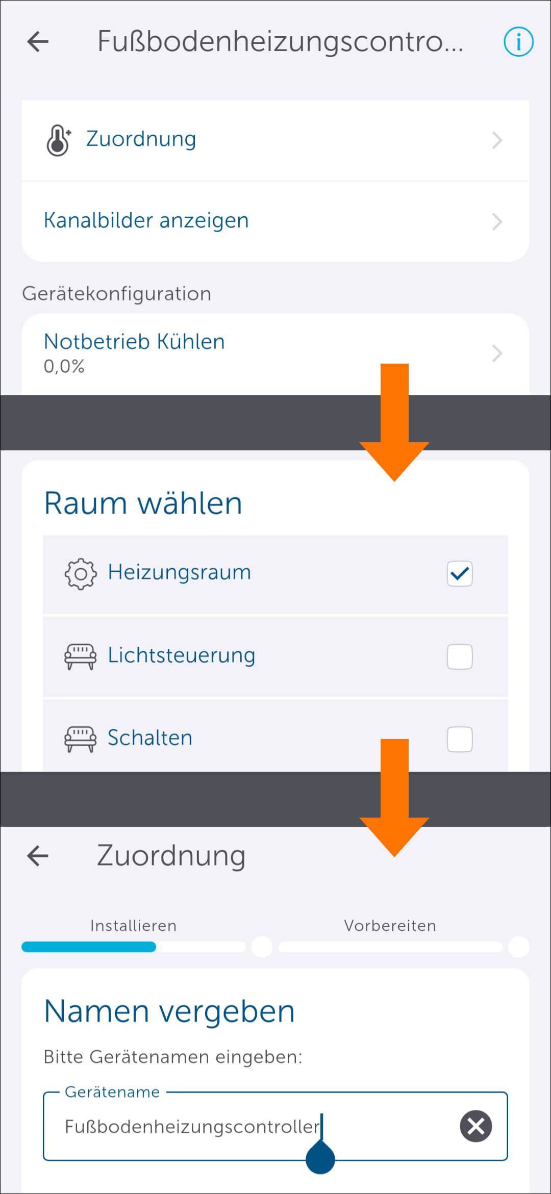 Bild 23: Unter "Zuordnung" können Sie die bereits vorgenommene Zuordnung des Fußbodenheizungscontrollers zu einem Raum, den Namen des Controllers und die Zuordnung der Heizkreise verändern. Die nun folgenden Konfigurationen gelten für alle Heizkreisläufe gleichzeitig.