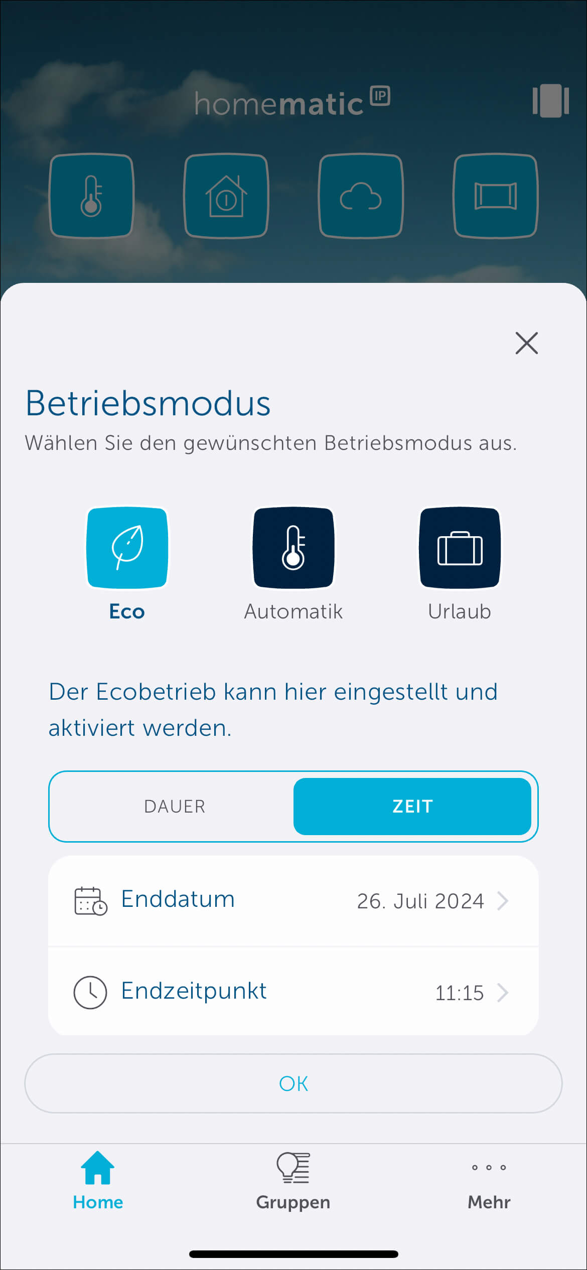 Bild 24: Über den Eco-Button ist einstellbar, wie lange der Ecobetrieb (Temperaturabsenkung) bei Verlassen des Hauses gelten soll.