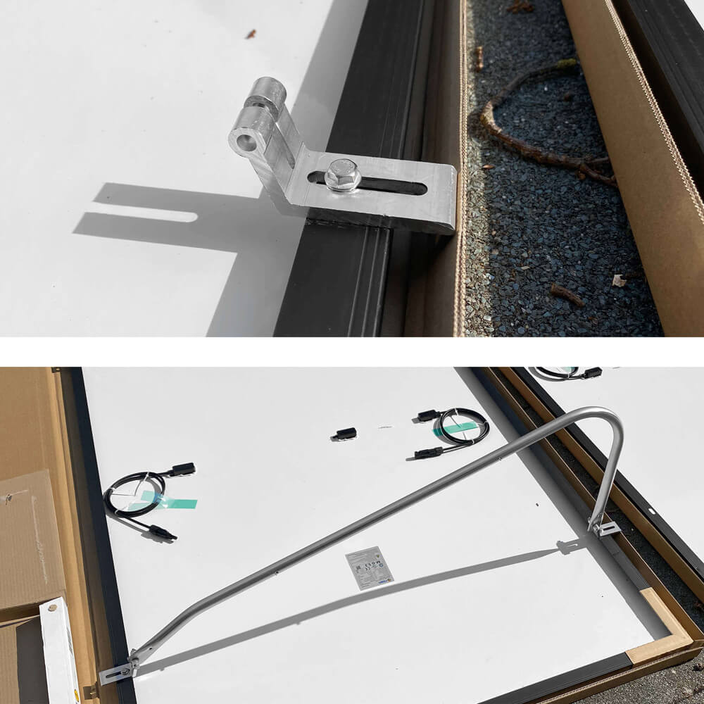 ... Bei der Blechdachanlage werden als Erstes die Trapezblechschienen auf die Hochsicken der Dachbleche geschraubt (immer über mindestens zwei Hochsicken verschrauben). Der horizontale Abstand der Schienen ist durch die Modulbreite vorgegeben. Dieser beträgt in unserem Fall 1096 mm.