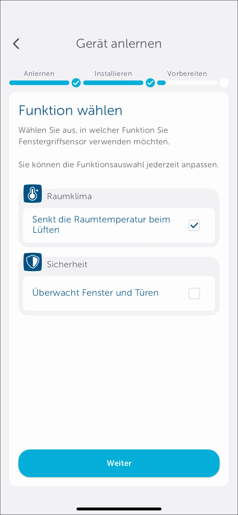 Bild 22: Sollte das Homematic IP Gerät in mehreren Lösungen einsetzbar sein, wie in unserem Beispiel der Fensterkontakt in der Raumklima- und Sicherheitslösung, kann das im folgenden Schritt ausgewählt werden. Unterstützt ein Gerät nur eine Lösung, erscheint das Fenster nicht.