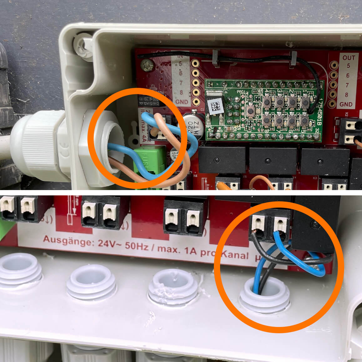Bild 4: Das 24-V-Netzteil ist an die gekennzeichnete Buchse „24V/AC IN“ anzuschließen. Eine Verpolung ist aufgrund der Wechselspannung nicht möglich. Jedes einzelne Bewässerungsventil wird jeweils auf die gekennzeichneten Anschlussbuchsen „1“ – „4“ angeschlossen. Auch hier ist eine Verpolung durch Einsatz der 24-V-Wechselspannung ausgeschlossen. Sind mehr als vier Bewässerungsventile anzuschließen, so kann das Garten Ventil Interface gemäß der Anleitung kaskadiert werden. Weitere Ventile sind in diesem Fall dann an die Klemmen „5“ – „8“ anzuschließen.