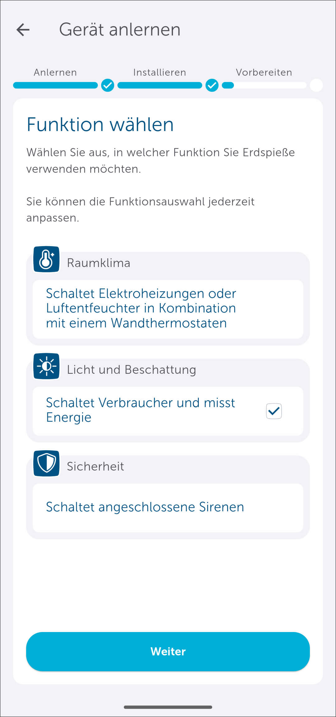 Bild 26:  Ordnen Sie nun den Aktor der Lösung "Licht und Beschattung" zu. Der Aktor kann nun über die App geschaltet werden. Außerdem können Sie Zeitprofile hinterlegen, welche direkt im Aktor gespeichert werden.