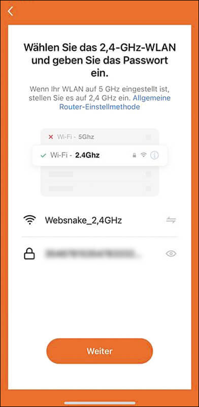 Bild 37: SMART+ Produkte nutzen zur Kommunikation Ihr privates WLAN-Heimnetz. Um dieses darin einzubinden, wählen Sie nun Ihr WLAN aus und tragen das passende Passwort dazu ein. Bestätigen Sie Ihre Eingaben mit „Weiter“.