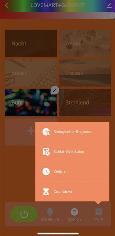 Bild 42: Um Ihre Beleuchtung auch automatisch zu steuern, können über den Button „Mehr“ unterschiedliche Möglichkeiten zur Zeitsteuerung gewählt werden.