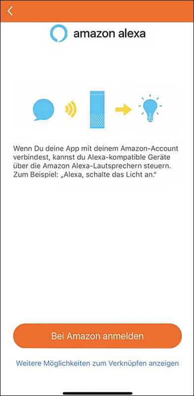 Bild 43: Zur Einbindung Ihrer SMART+ Installation in Sprachassistenzsysteme gehen Sie in der App auf „Profil“ und wählen „Alexa“ aus. Klicken Sie nun auf „Bei Amazon anmelden“ und führen Sie die Anmeldung durch. Die Leuchten werden im Anschluss automatisch in Alexa importiert.