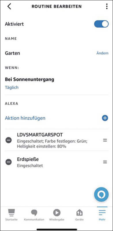 Bild 45: Nachdem die Leuchten der unterschiedlichen Systeme importiert wurden, können sie in Gruppen zusammengefasst und auch in Routinen genutzt werden. Eine Routine können Sie in der Amazon Alexa App erstellen. In unserem Beispiel haben wir eine Routine erstellt, welche bei Sonnenuntergang eine Leuchte der unterschiedlichen Systeme einschaltet.