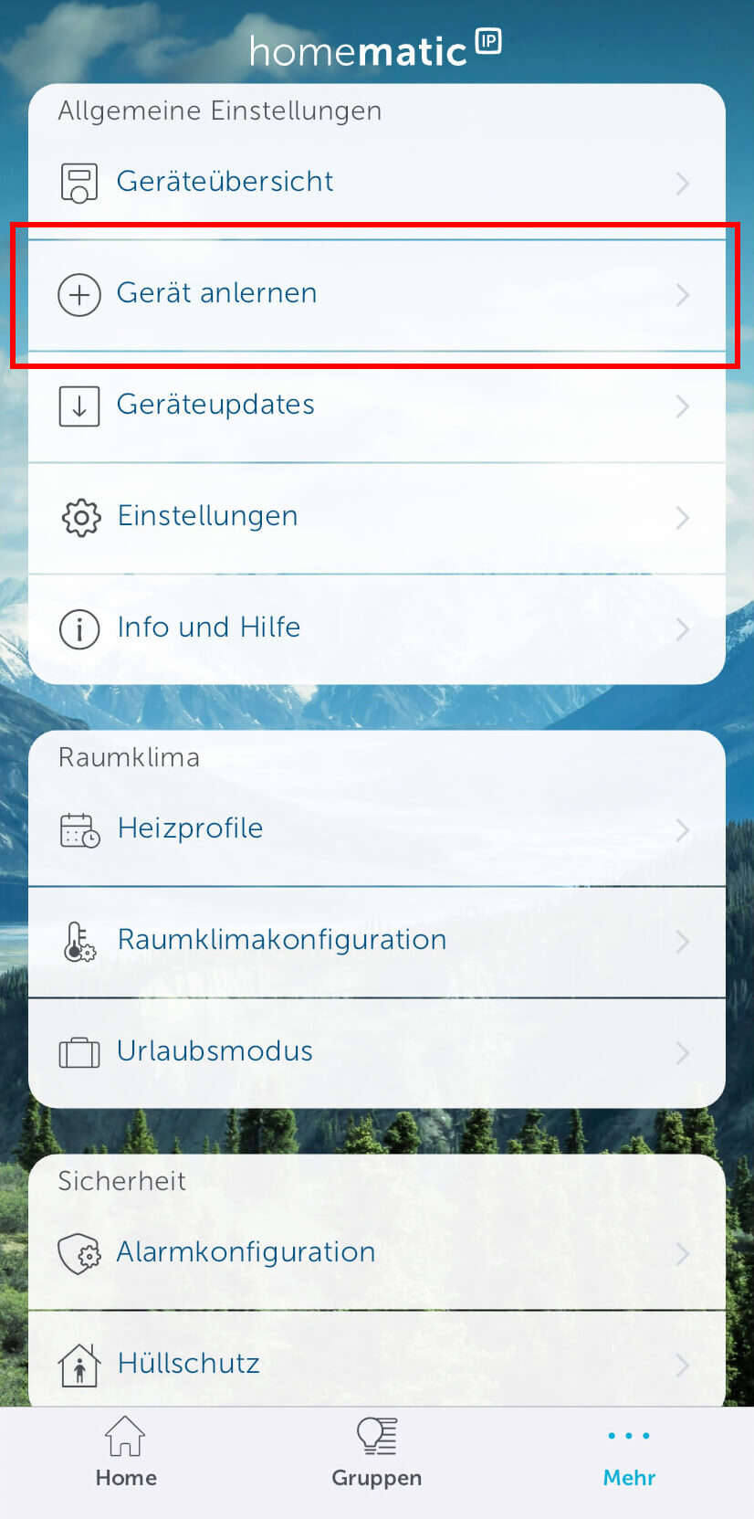 Bild 3: Nach dem Entfernen des Isolationsstreifens im Batteriefach kann das Wandthermostat hinzugefügt werden. Klicken Sie auf „Mehr“ und danach auf „Gerät anlernen.“