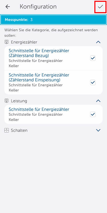 Bild 15: Durch Setzen des Hakens hinter dem Datenpunkt wird die Erfassung aufgenommen. Zur Übernahme der Einstellungen ist der Haken oben rechts anzuwählen.