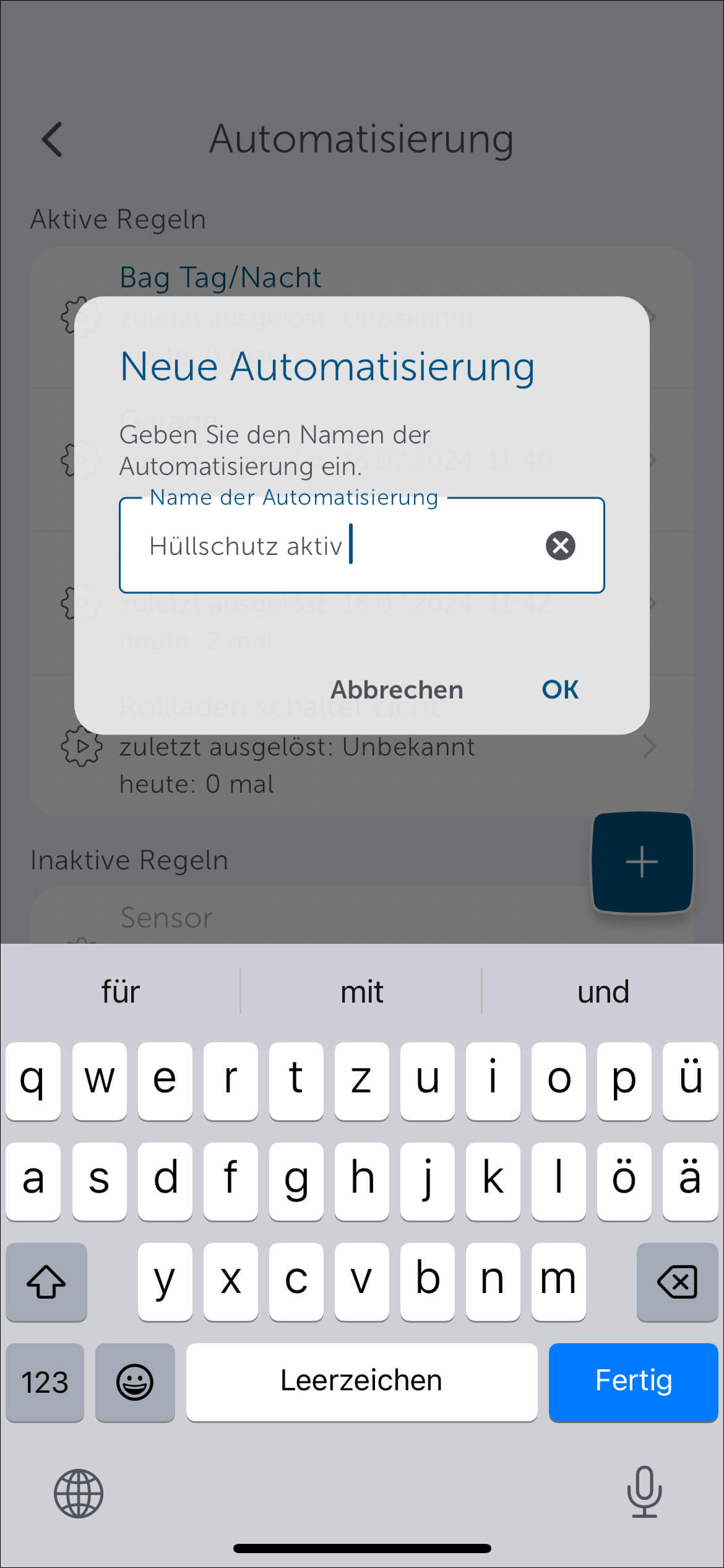 Bild 31: Die weiteren Signalisierungsaufgaben werden über die Automatisierung (im Homescreen "Mehr" und dort "Automatisierung" anwählen) konfiguriert. Wählen Sie dort das Plus-Symbol an und geben Sie einen Namen für die Automatisierung ein.