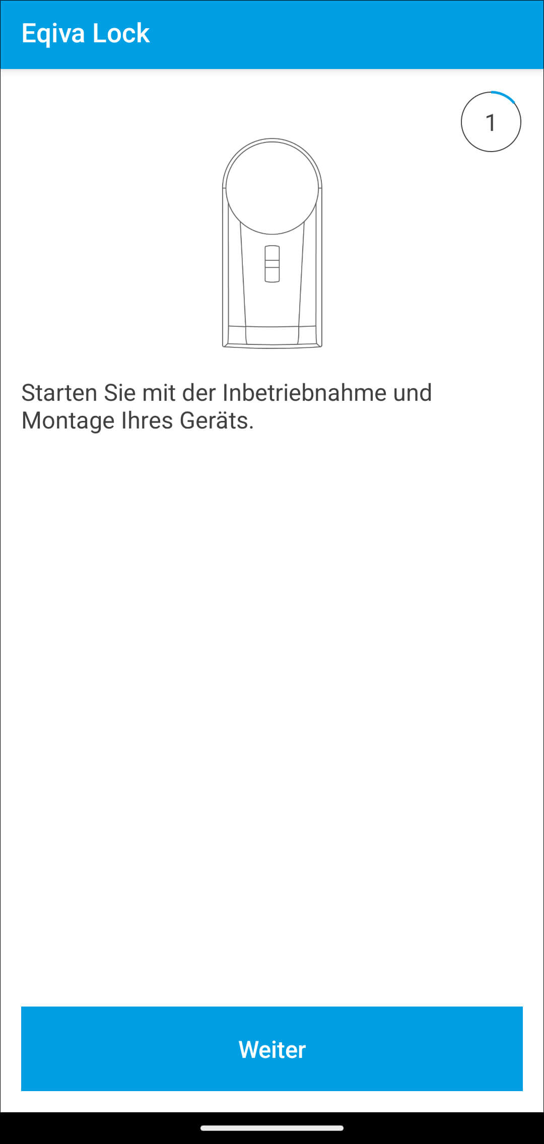 Bild 2: Öffnen Sie die App und starten Sie die Inbetriebnahme des Funk-Türschlossantriebs mit einem Tipp auf „Weiter“.