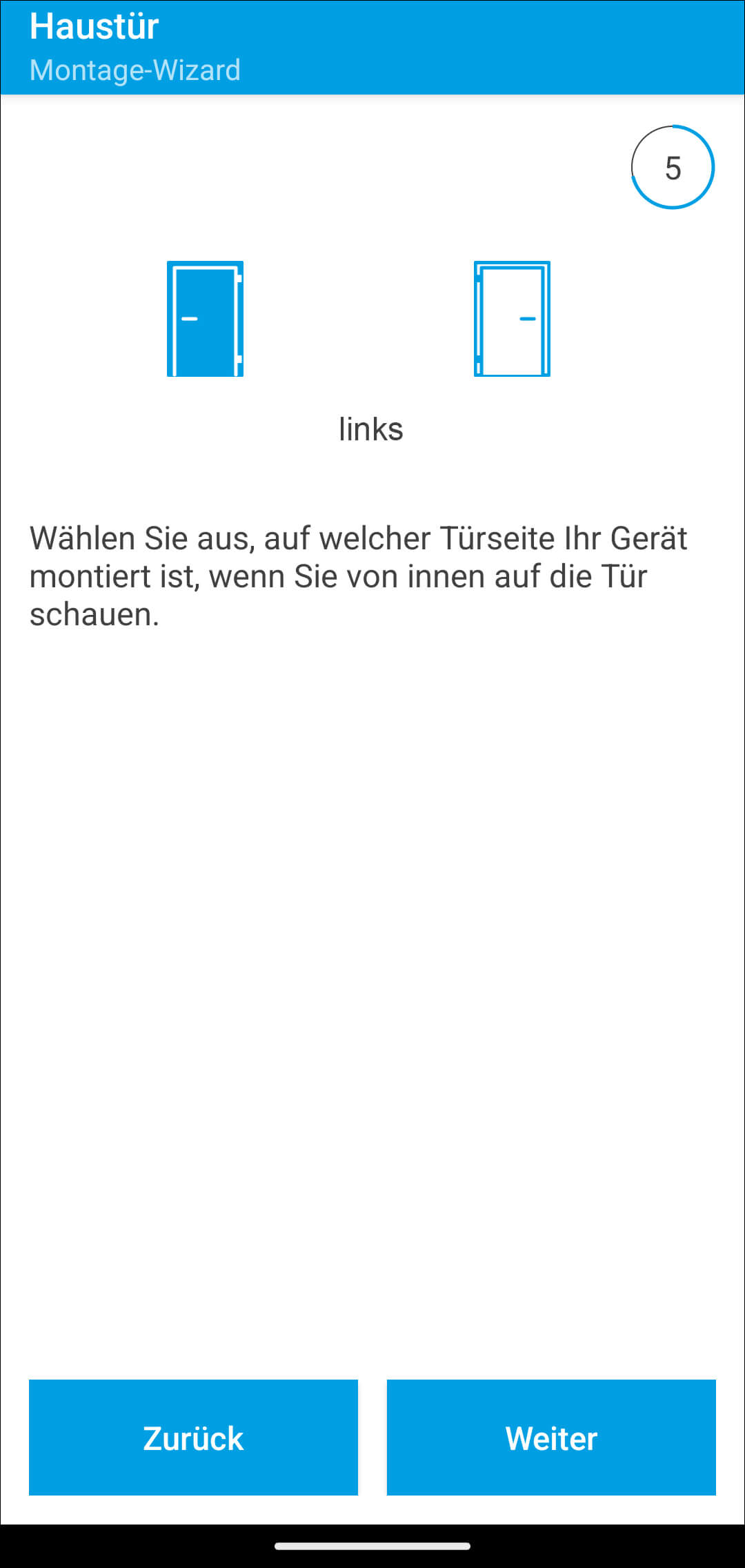 Bild 19: Wählen Sie in der App aus, auf welcher Seite der Tür der Funk-Türschlossantrieb montiert wurde. In unserem Beispiel ist es die linke Seite.