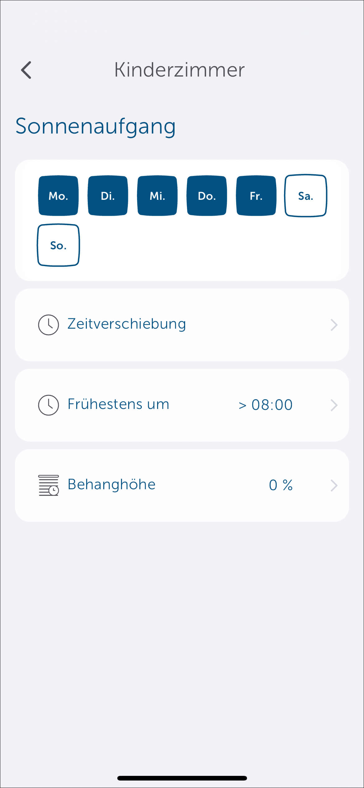Bild 13: Nachdem Sie ausgewählt haben, worauf Sie sich beziehen möchten, können Sie weitere Einstellungen vornehmen: zum Beispiel an welchem Tag und zu welcher Zeit der Rollladen nach Sonnenaufgang frühstens fahren soll.