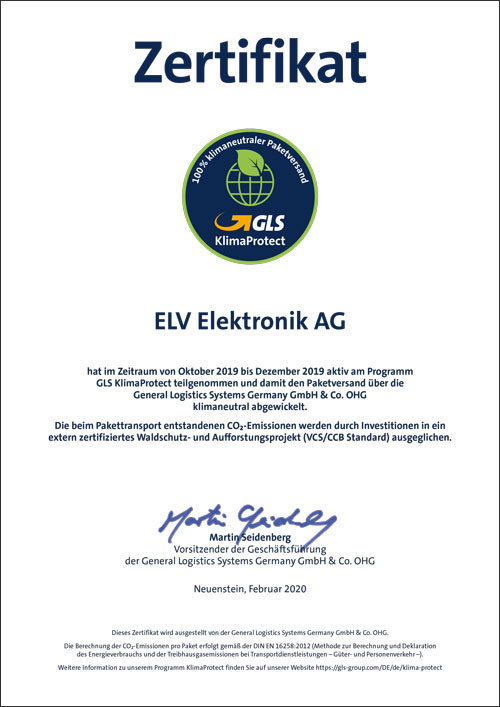 ELV hat im Zeitraum von Oktober 2019 bis Dezember 2019 aktiv am Programm GLS KlimaProtect teilgenommen